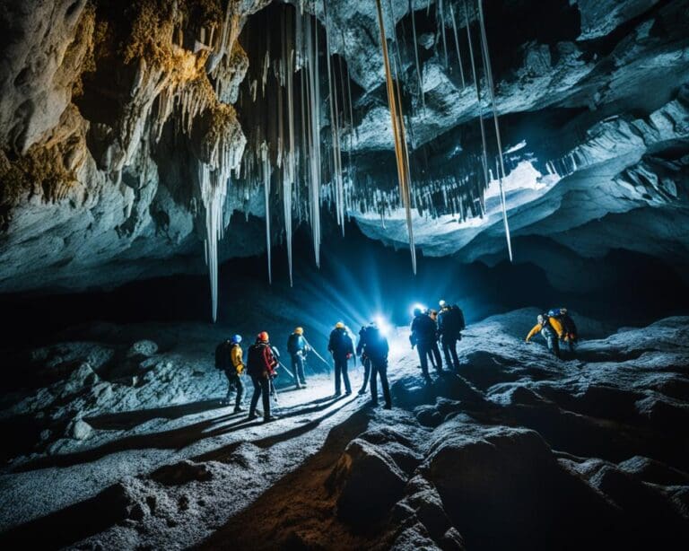 Speleologie in de grotten van Postojna, Slovenië