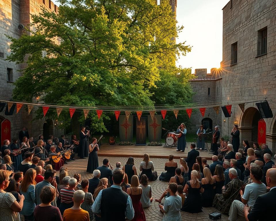 Ga naar een openluchtconcert in een middeleeuws kasteel