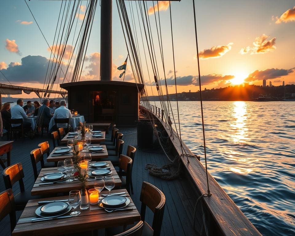 Geniet van een diner op een oud schip in de haven