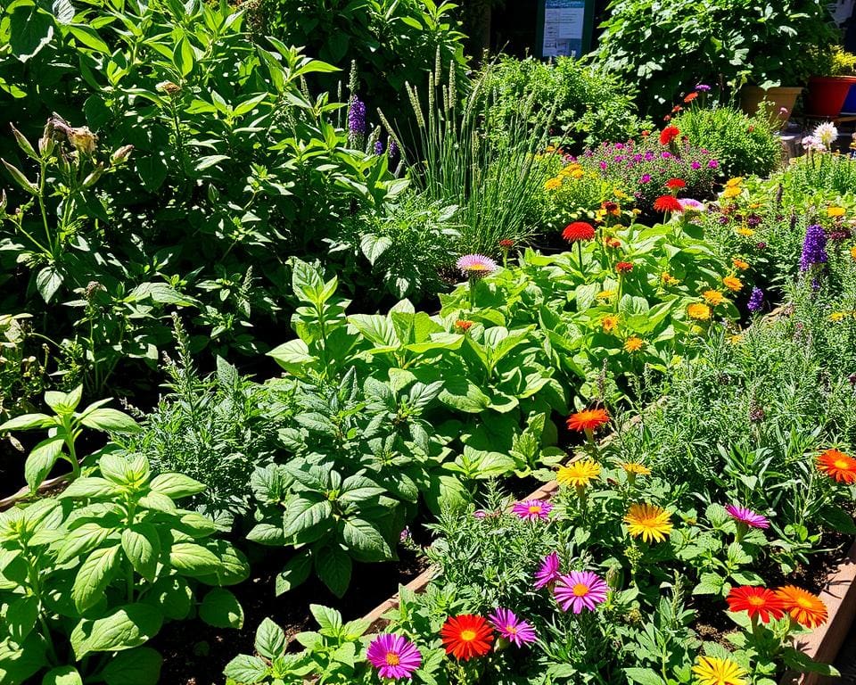 culinaire kruiden en bloemen in een stadstuin